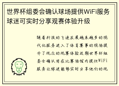 世界杯组委会确认球场提供WiFi服务球迷可实时分享观赛体验升级