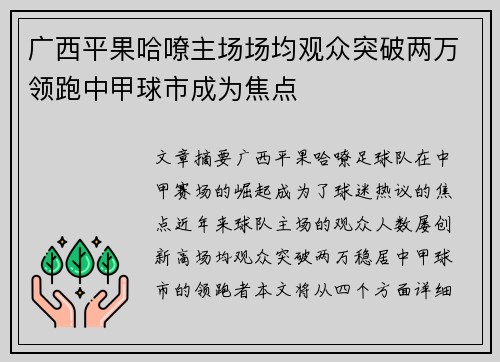 广西平果哈嘹主场场均观众突破两万领跑中甲球市成为焦点